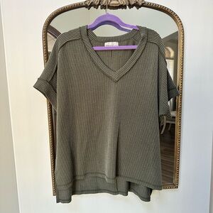 Zenana Olive Green V-Neck Ribbed Women's Top